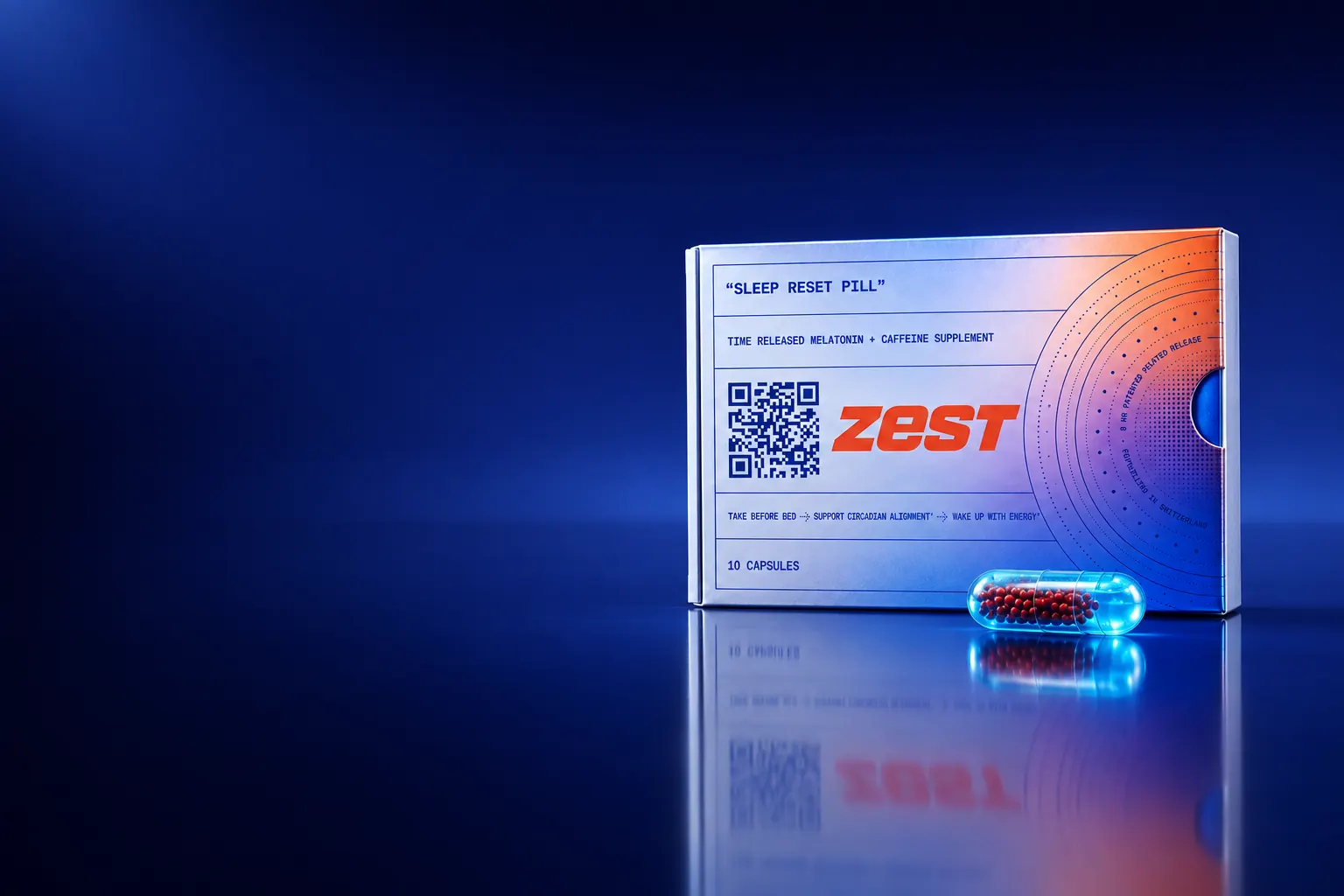 The Sleep Reset Pill sleeve and a capsule on a night-navy stage