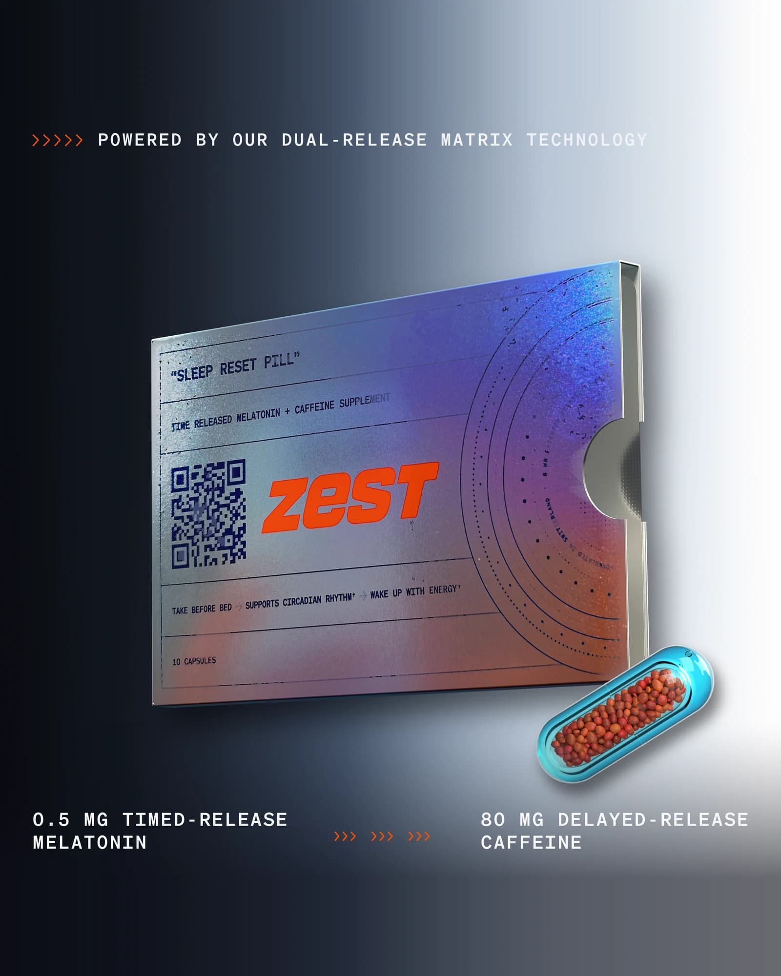 The Sleep Reset Pill sleeve and one capsule: 0.5 mg timed-release melatonin and 80 mg delayed-release caffeine
