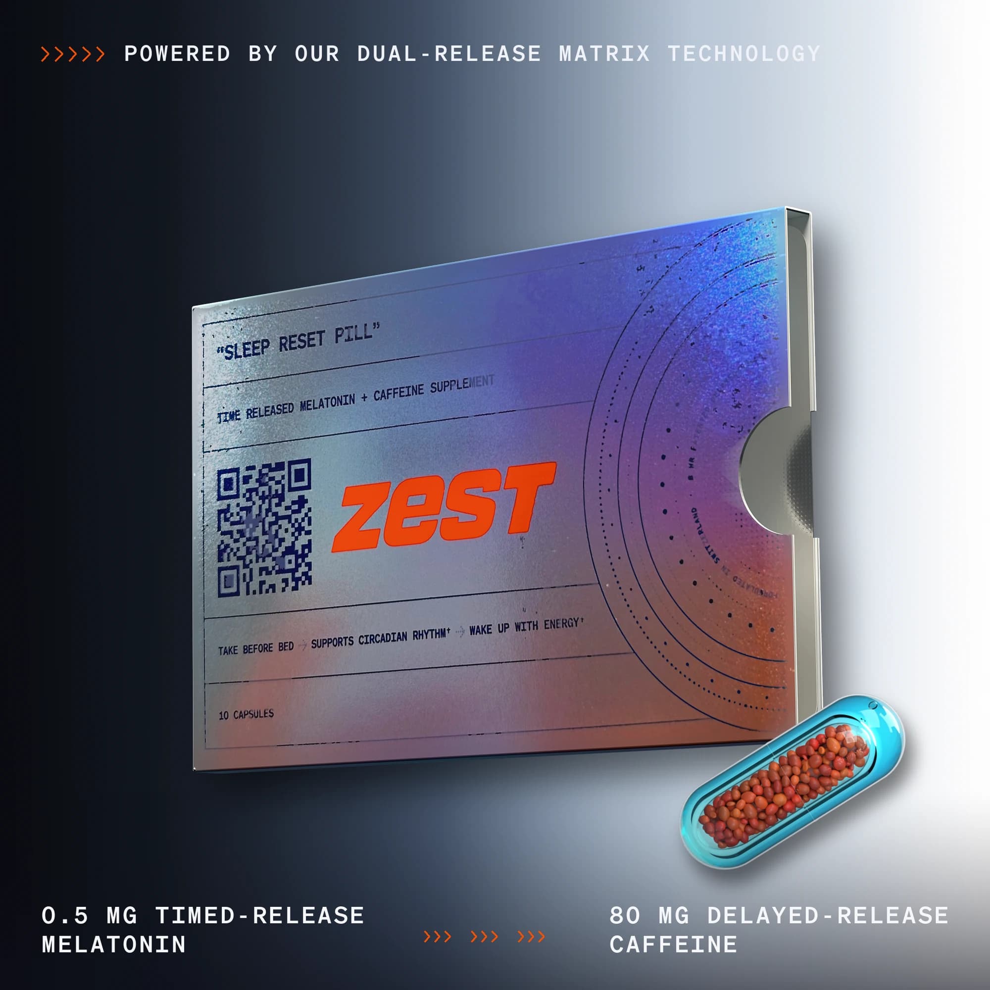 The Sleep Reset Pill sleeve and one capsule: 0.5 mg timed-release melatonin and 80 mg delayed-release caffeine, powered by dual-release matrix technology